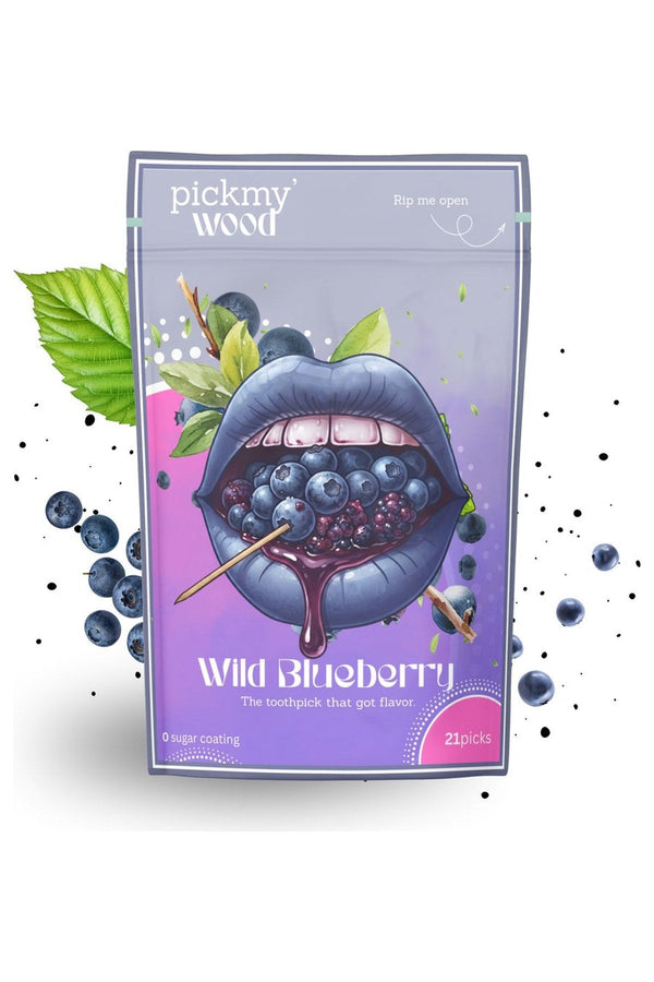 Wild Blueberry flavored toothpicks pack with juice splash
