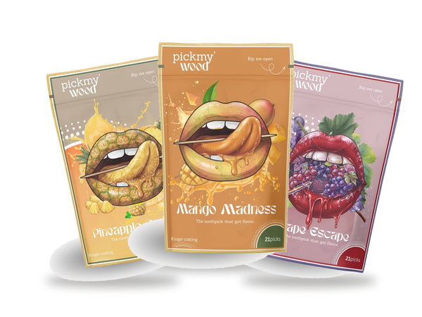 The Sweet Trio — Pineapple Power, Mango Madness, Grape Escape packs fanned together