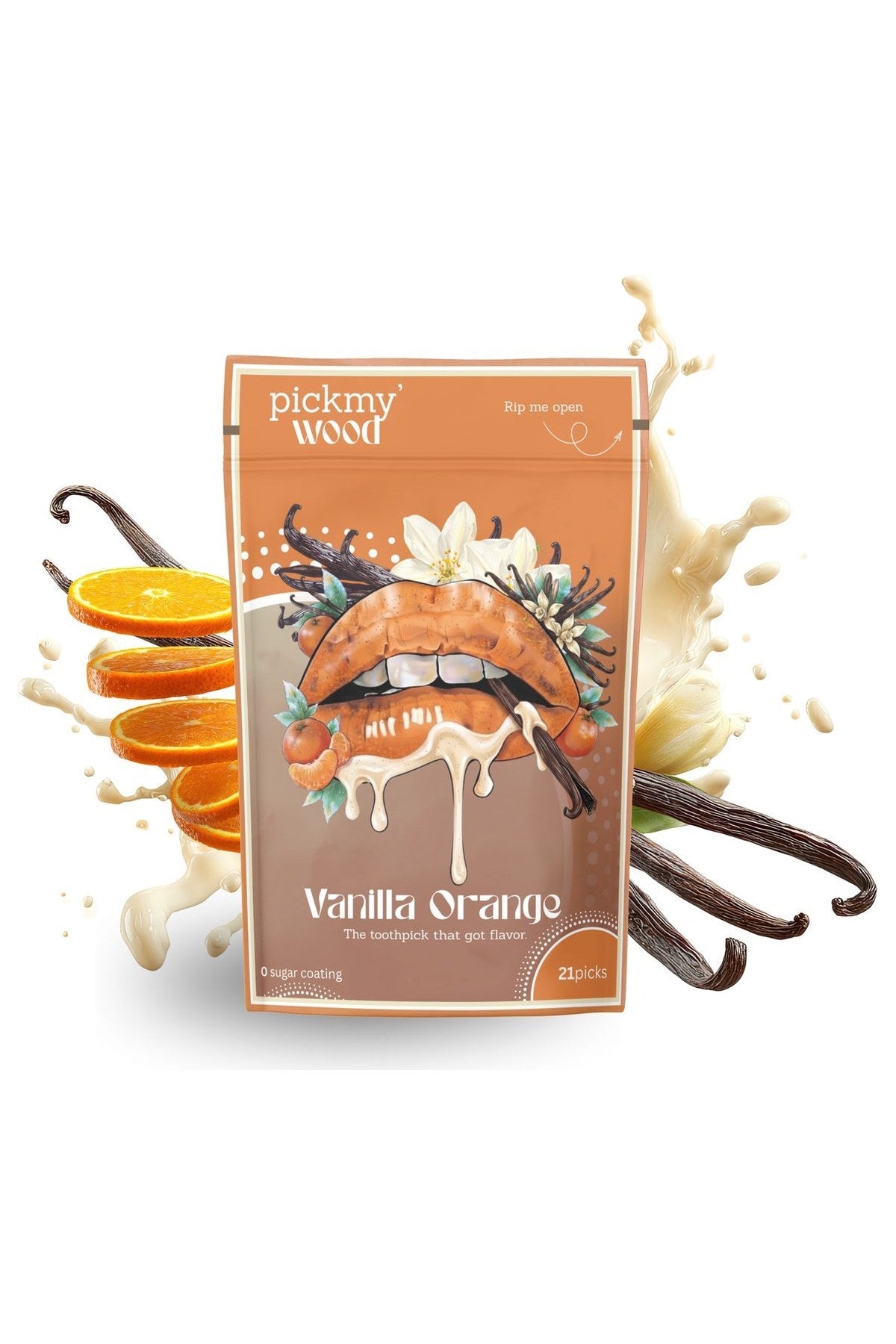 Vanilla Orange flavored toothpicks pack with juice splash